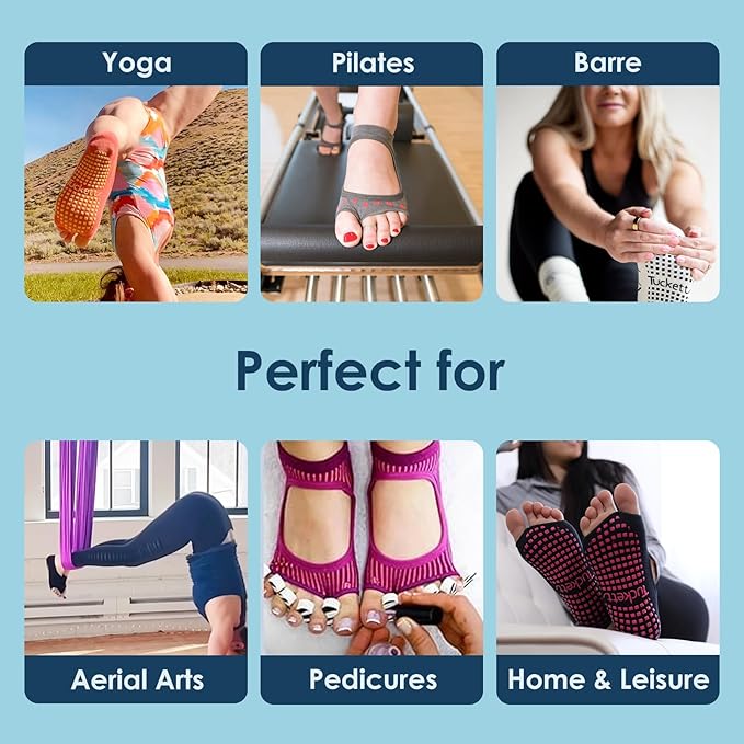Tucketts Toeless Pilates Socks with Grips for Women, Non-Slip Yoga & Barre Socks for Stability & Barefoot Workouts, Size 6-13