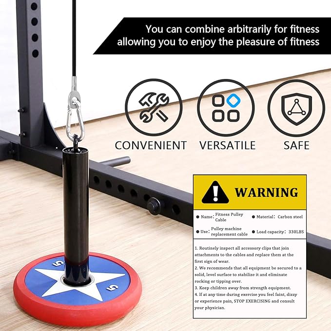 Favuit Fitness Pulley Cable, Gym Replacement Cable Heavy Duty Steel Wire Rope Fitness Cable Pulley System Attachments Home Gym Machine Equipment Workout Accessories