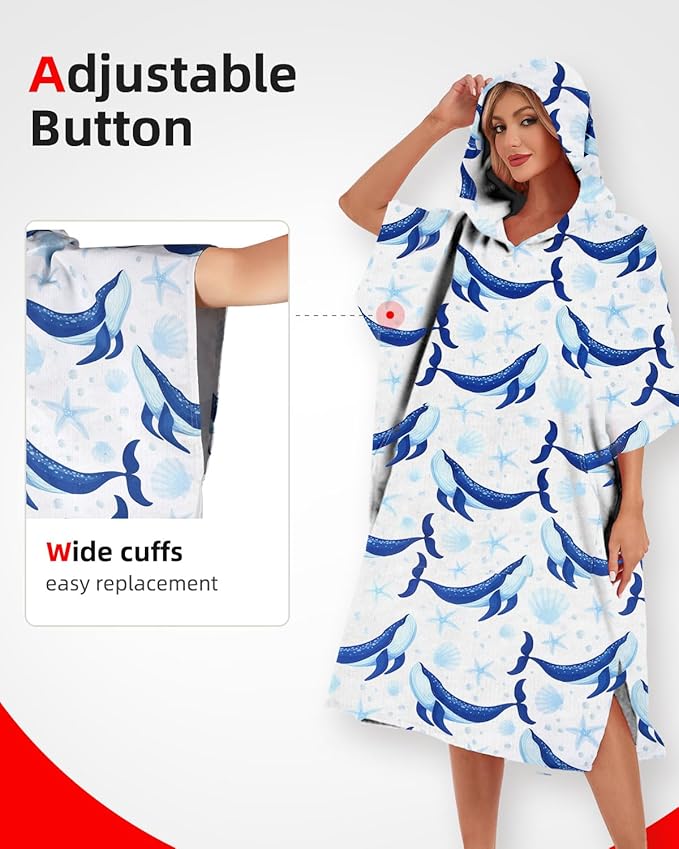 Abahub Surf Poncho Men & Women Towel Poncho Adult with Hood, Thick Quick Dry Changing Poncho Towel, Microfiber Wearable Cover Up for Surfing Beach Swim - Absorbent Changing Towel L (Blue Whale)