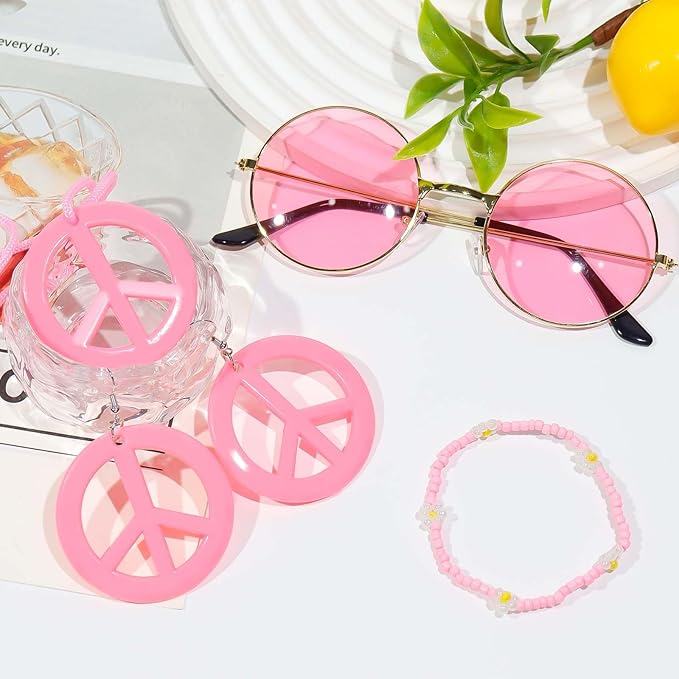 6 Pcs Hippie Costume Accessories Set, Flower Hippie Headband Boho Peace Sign Necklace Earrings Sunglasses Bracelet