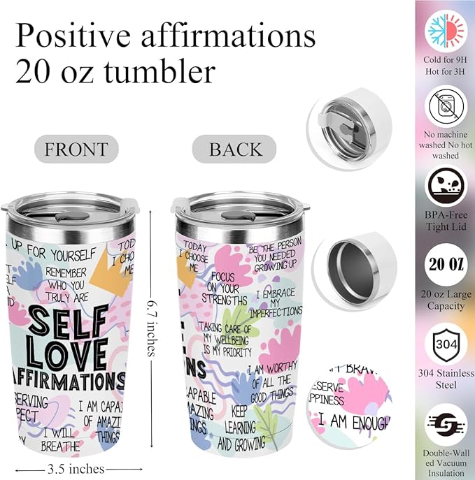 jeilink Positive Affirmations Self Love Mental Health Gifts Inspirational Gifts for Women Wife Sister Grandma Birthday Appreciation Anniversary, 20oz Tumbler Makeup Bag Ballpoint Pen Notebook 6PCS