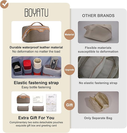 BOYATU Travel Makeup Bag Organizer Cosmetic Bag: 3 Pcs Set Make up Bags for Women with Handle - Waterproof Vegan Leather Toiletry Bags Travel Essentials Pouch with Compartments (G-06-Grey)