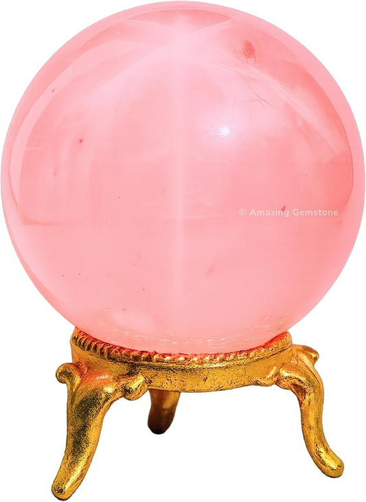 Amazing Gemstone Star Rose Quartz Crystal Ball with Stand - 2 Inches Crystal Sphere Meditation Balls for Witchcraft and Decorative Balls