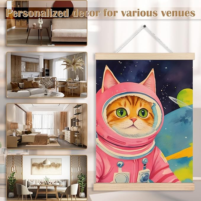 Pink Astronaut Cat Wall Art Poster Framed, Cat Poster for Girls Kids Room Nursery Decor, Whimsical Outer Space Cute Kitten Canvas Wall Art Prints, 12x16 Inches