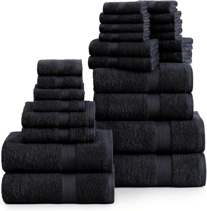 Lane Linen 100% Cotton Bathroom Towel Set - 24 Pc - Durable & Absorbent, Super Soft, Daily Use, Machine Washable - 2 Bath Sheet, 4 Bath, 4 Fingertip, 6 Hand, 8 Washcloth - For Boys, Gym & Dorm - Black