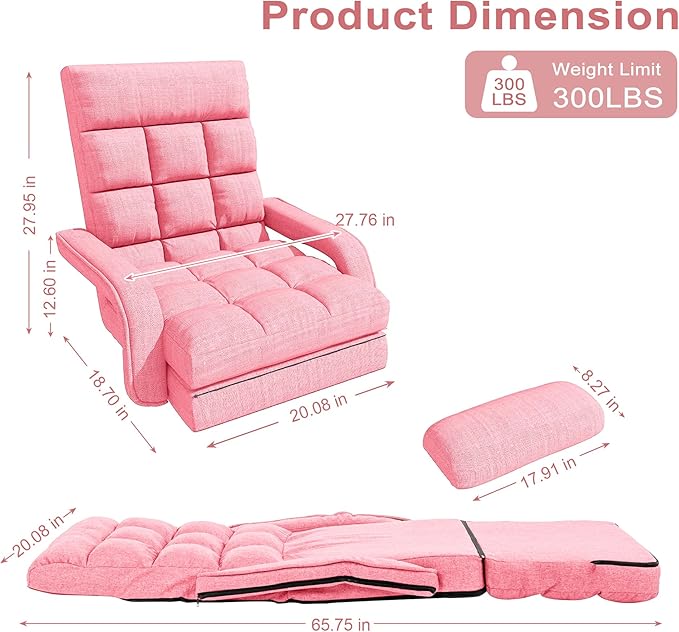 Adjustable Floor Gaming Chair for Adults, 6-Position Chaise Lounge Chair with Meditation Arm, Foldable Lazy Sofa with Pillow, Comfy Chair Indoor for Bedroom Dorm Living Room, Pink