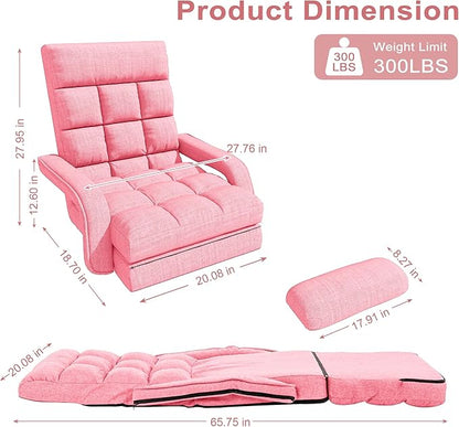 Adjustable Floor Gaming Chair for Adults, 6-Position Chaise Lounge Chair with Meditation Arm, Foldable Lazy Sofa with Pillow, Comfy Chair Indoor for Bedroom Dorm Living Room, Pink