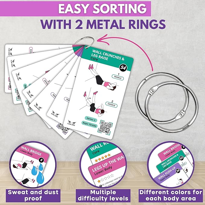 Wall Pilates Workouts for Women – 66 Exercise Cards with Videos & Workout Plan – Includes 5-Week Challenge, E-book, Chart & 2 Rings for Easy Organization – Home Pilates Workout Guide