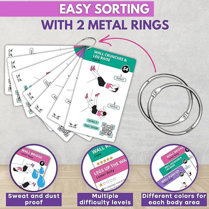 Wall Pilates Workouts for Women – 66 Exercise Cards with Videos & Workout Plan – Includes 5-Week Challenge, E-book, Chart & 2 Rings for Easy Organization – Home Pilates Workout Guide