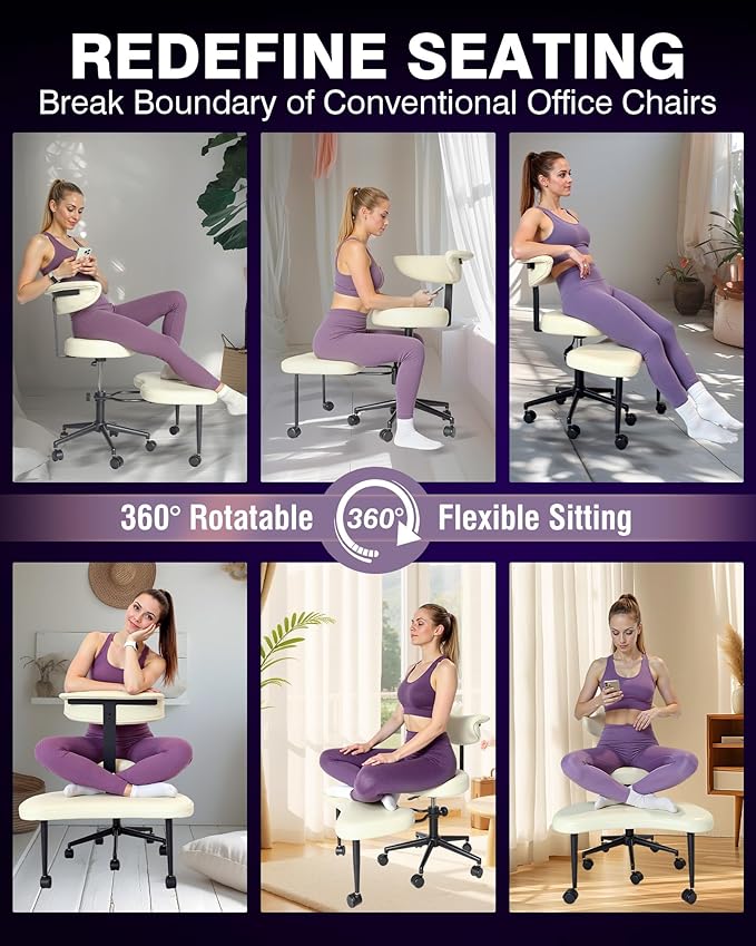 PYY Cross Legged Office Chair - with Wrap-Around Armrest, 300lbs Load Capacity Meditation Chair with Wheels for Adults, Adjustable Height Yoga Chair, Ergonomic Chair for Home and Office