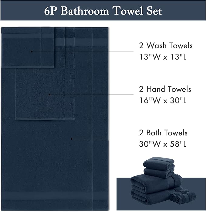Madison Park Turkish 100% Cotton Towel Set, 600Gsm Luxury Premium Weight, Soft Absorbent Hotel Bathroom Shower Hand Face Washcloths, Assorted Sizes Navy 6 Piece