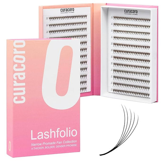 Curacoro LashFolio Narrow Promade Fans, Handmade Volume Eyelashes, 5D~10D, C CC D Curl, Thickness 0.03~0.07mm, 8-15mm Length, Professional Long-Lasting Promade Lash Fans (16D-0.03 D, 12mm-15mm)