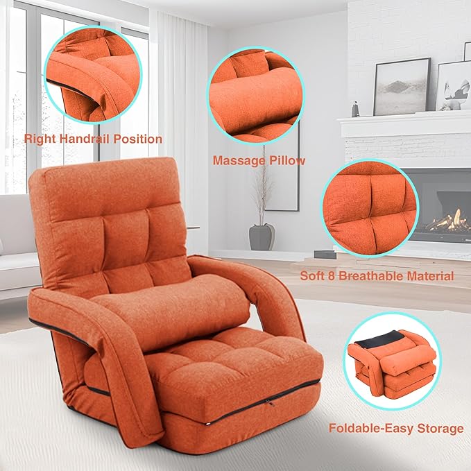 Adjustable Floor Chair for Adults with Back Suppor,5-Position Folding Lazy Sofa with Pillow, Gaming & Meditation Chair with Breathable Fabric - for Living Room, Bedroom, Office,Balcony (Orange)