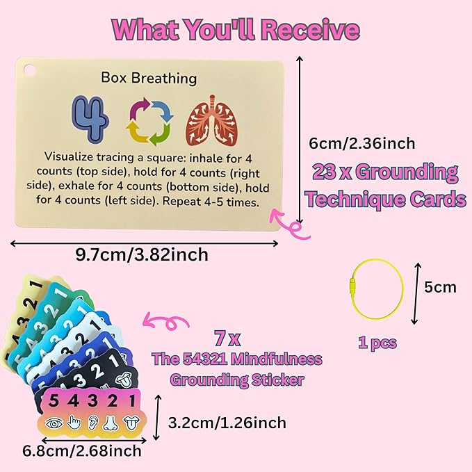 Grounding Cards & Anxiety Stickers Set, Therapy Games for Teens & Adults, 23 Coping Skills for Stress Relief with Explanations, Mindfulness Tools for Trauma, PTSD, BPD | Mental Health Self Care Gift