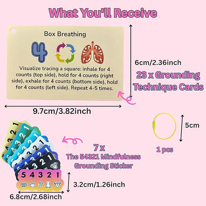 Grounding Cards & Anxiety Stickers Set, Therapy Games for Teens & Adults, 23 Coping Skills for Stress Relief with Explanations, Mindfulness Tools for Trauma, PTSD, BPD | Mental Health Self Care Gift