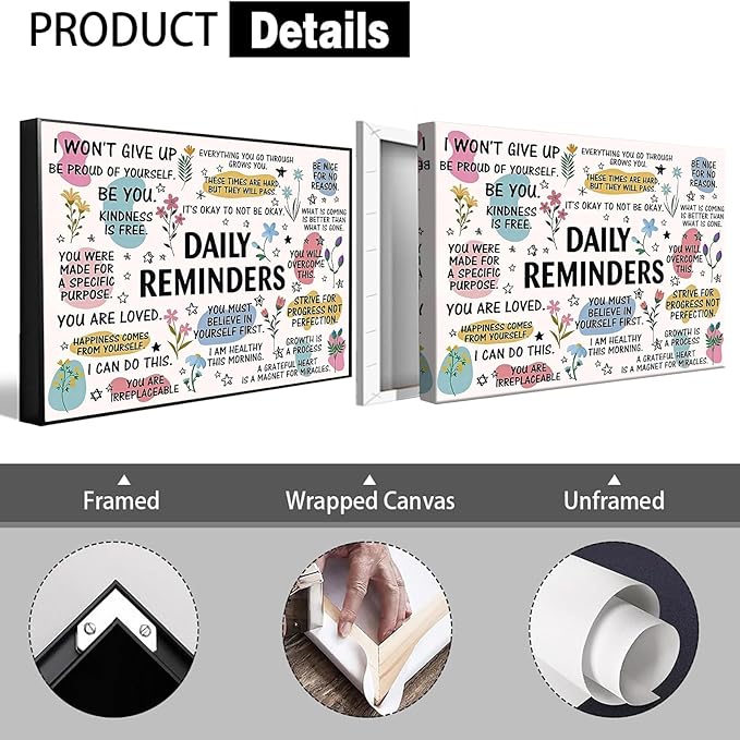 JMGHKL Daily Reminders Inspirational Canvas Wall Art Trendy Motivational Positive Affirmations Posters Uplifting Mental Health Wall Decor For Home Office Classroom 16x24in Unframed