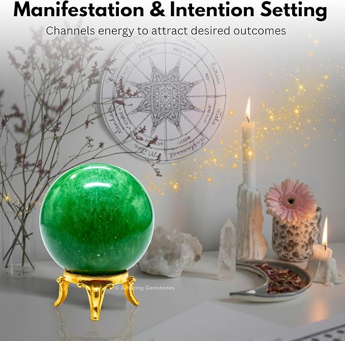 Amazing Gemstone Green Strawberry Quartz Crystal Ball with Stand - 2 Inches Crystal Sphere Meditation Balls for Witchcraft and Decorative Balls