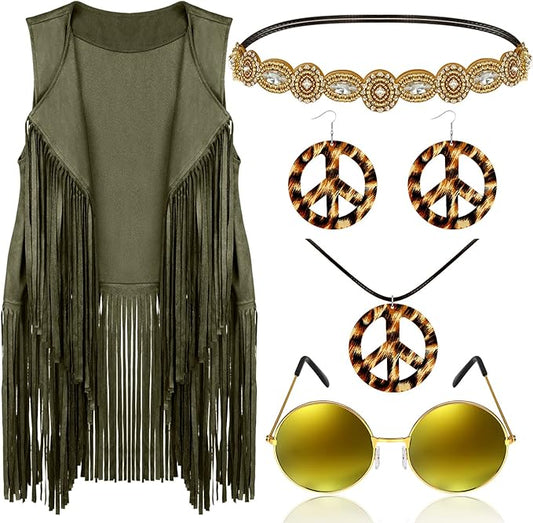 6 Pcs 60s 70s Outfits for Women Hippie Costume Set Peace Sign Earring Headband Fringe Vest Tassel Cardigan