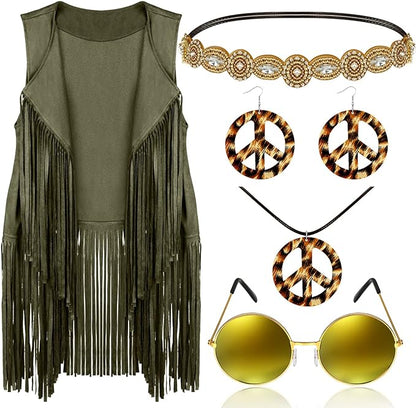 6 Pcs 60s 70s Outfits for Women Hippie Costume Set Peace Sign Earring Headband Fringe Vest Tassel Cardigan