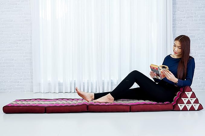 Leewadee Comfortable Japanese Floor Mattress - Thai Floor Bed with Triangle Cushion - Futon Mattress - XL Extra Long Thai Massage Mat, 89 x 20 inches, Auburn Pink, Kapok Filling