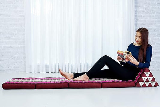Leewadee Comfortable Japanese Floor Mattress - Thai Floor Bed with Triangle Cushion - Futon Mattress - XL Extra Long Thai Massage Mat, 89 x 20 inches, Auburn Pink, Kapok Filling