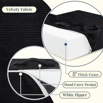 Solid Square Floor Pillows for Adults Kids - Large Meditation Floor Pillow Seating Cushion with Thick Foam & Washable Velvet Cover, 1 Pack, 22x22x5 Inch, Black