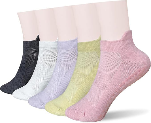 Women's Pilates Grip Socks Seamless Breathable Cotton Yoga Socks Non Slip 5-Pack