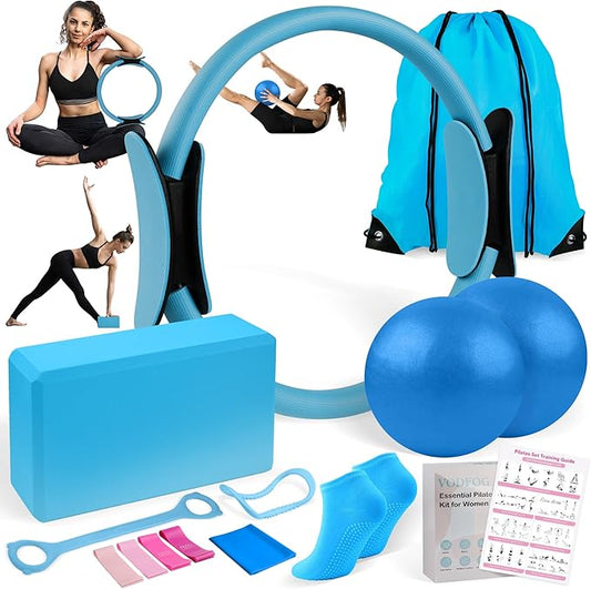 Pilates Ring Essentials Kit for Women,Home Fitness Equipment Sets with 12''Pilates Ring,2 Pilates Ball,Yoga Brick,Elastic Band & Other Accessories Suitable for Exercise & Shape Up-13PCS