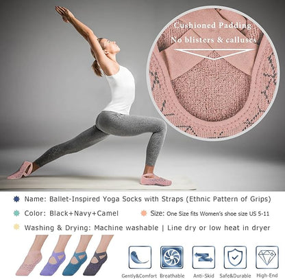 Ozaiic Yoga Socks for Women Non-Slip Grips & Straps, Ideal for Pilates, Pure Barre, Ballet, Dance, Barefoot Workout