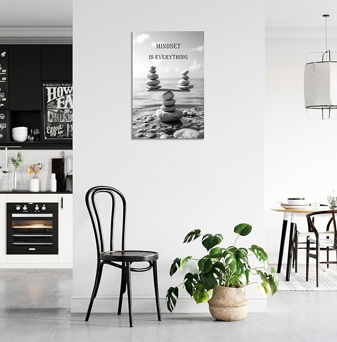 YIOZHAOFH Mindset Wall Art for Zen Office Inspirational Pictures Wall Decor Motivational Quotes Canvas Art Black and White Landscape Nature Print Poster Painting Framed for Meditation Spa Room Bedroom (20L x 30W)
