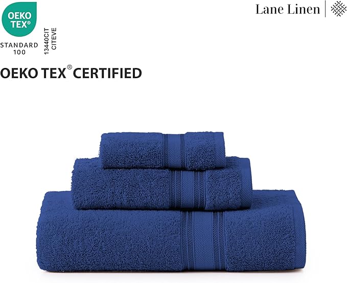 LANE LINEN 100% Cotton Luxury Bathroom Towel Set - 18 Pcs - Zero Twist, Quick Dry, Super Soft & Absorbent - 6 Bath, 6 Washcloths, 6 Hand Towels - Remains Fluffy Even After Multiple Washes - Navy Blue
