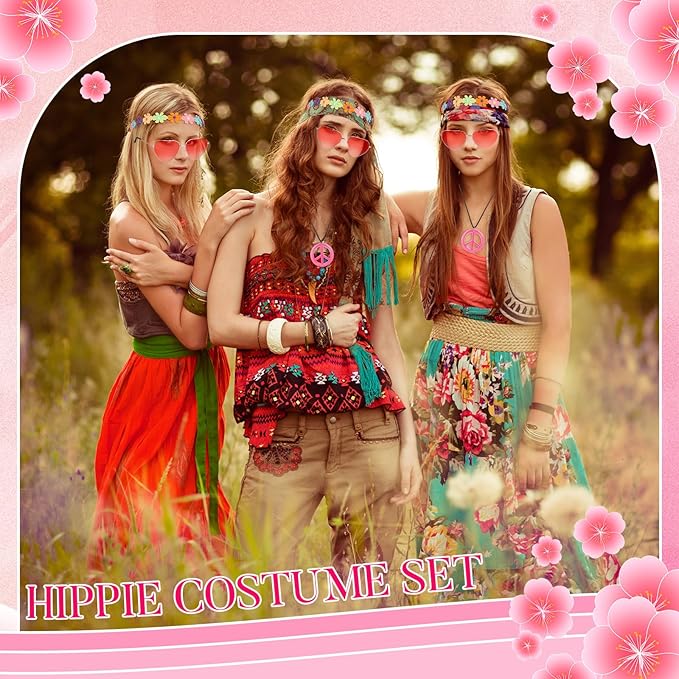 WILLBOND 60s 70s Accessories for Women Hippie Costume Accessories Peace Sign Necklace Headband Hair Wreath Sunglasses