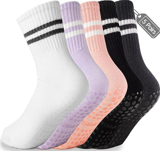 Raylarnia Tall Pilates Socks with Grips for Women, Yoga Crew Non-Slip, Grippy Ankle Barre Sock, Hospital Sticky Socks 5 Pairs