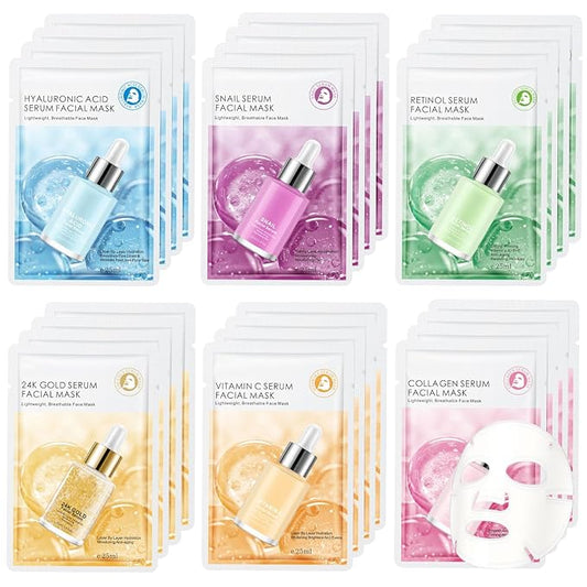 24 Pack Face Masks Skincare for Women, Hydrating & Nourishing Facial Masks for All Skin Types, Gentle Face Masks for Sensitive Skin, Bulk Spa Facial Mask Gift Set