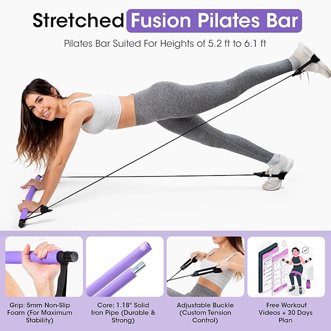 Pilates Bar Kit for Home Workouts | Portable Home Pilates Kit Set for Women & Men | Workout Bar for Legs, Hip, Waist and Arm | Includes Pilates Socks, 30-Day Challenge & Meal Plan
