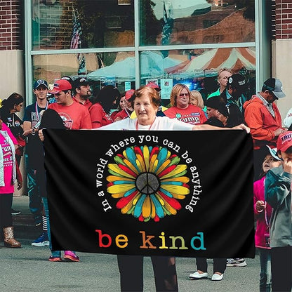 In A World Where You Can Be Anything Be Kind Flag 3x5 Ft Outdoor Indoor With Grommet Peace Sunflower Hippie Garden Yard Home Room Banner Outside Decorative Sign
