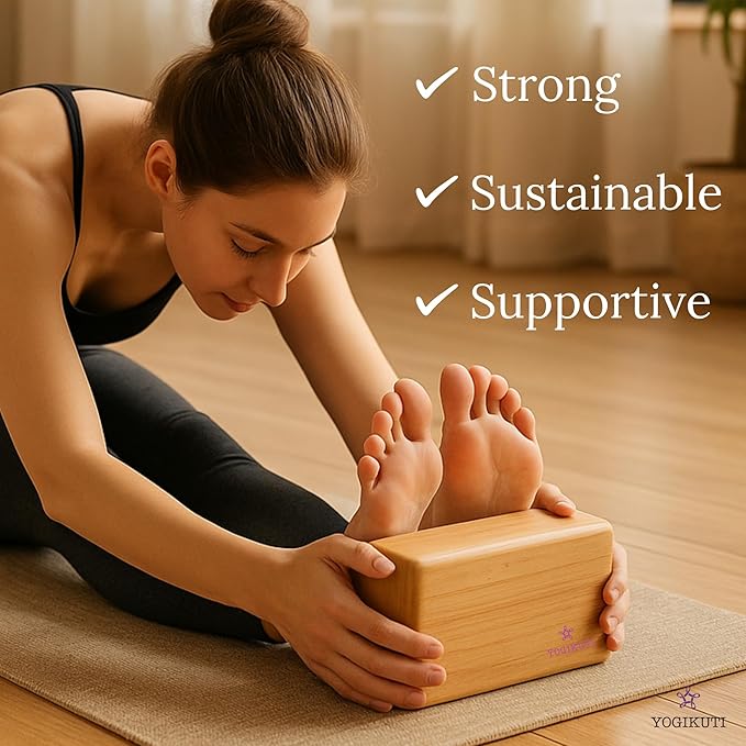 Yogikuti Bamboo Yoga Block-Premium Wooden Support Block for Iyengar Yoga, Non-Slip, Eco-Friendly, Durable Yoga Prop for Home & Studio Use