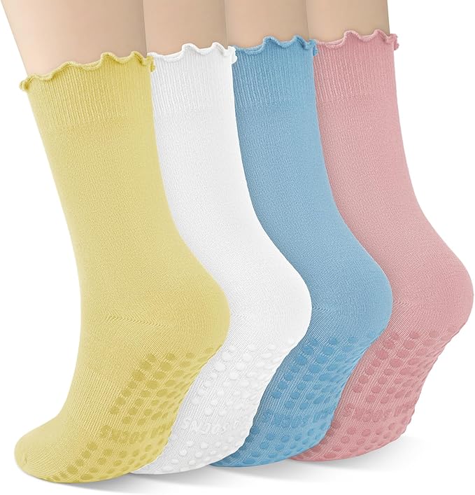 4 Pairs Pilates Socks with Grips for Women Yoga Ruffle Cute Grip Socks Pilates Non Slip Crew Ballet Hospital Workout