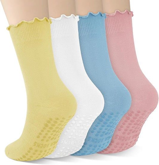 4 Pairs Pilates Socks with Grips for Women Yoga Ruffle Cute Grip Socks Pilates Non Slip Crew Ballet Hospital Workout