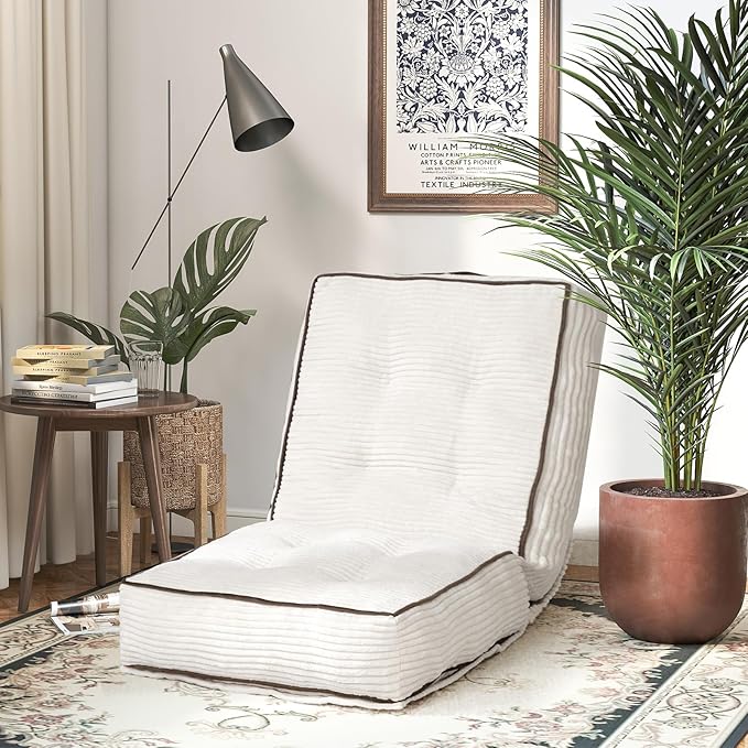 HollyHOME Adjustable Floor Chair with 6 Positions, Folding Lazy Sofa Recliner with Back Support, Thick Sponge Cushion and Portable Handle, Comfy Gaming Meditation Chair for Dorm, Bedroom, Beige