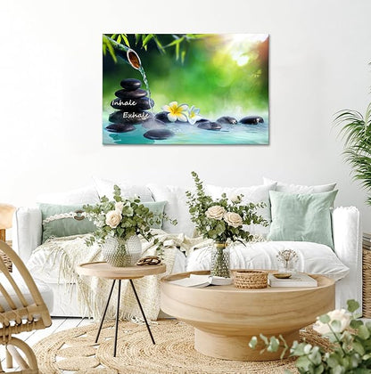 YIOZHAOFH Spa Canvas Print Art Nature Zen Painting Relaxing Bathroom Wall Art Decor White Lotus Pictures Framed Artwork Inhale Exhale Poster Office Decor for Spa Room Bedroom (12L x 16W)