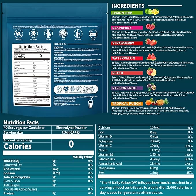 Electrolytes Powder Packets, Hydration Packets, Electrolytes Powder No Sugar, Portable Electrolyte Drink Mix for Rapid Hydration, Sugar Free & Low Sodium | 0 Calorie | 7 Flavors |40 Sticks