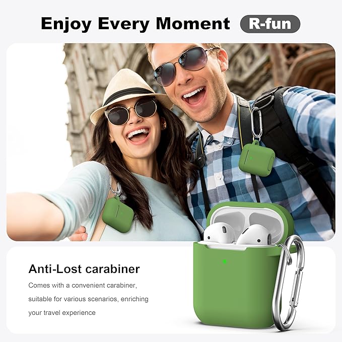 R-fun Compatible with AirPods Case Cover, Soft Silicone Protective Cover with Keychain for Women Men Compatible with Apple AirPods 2nd 1st Generation Charging Case, Front LED Visible,Olive Green