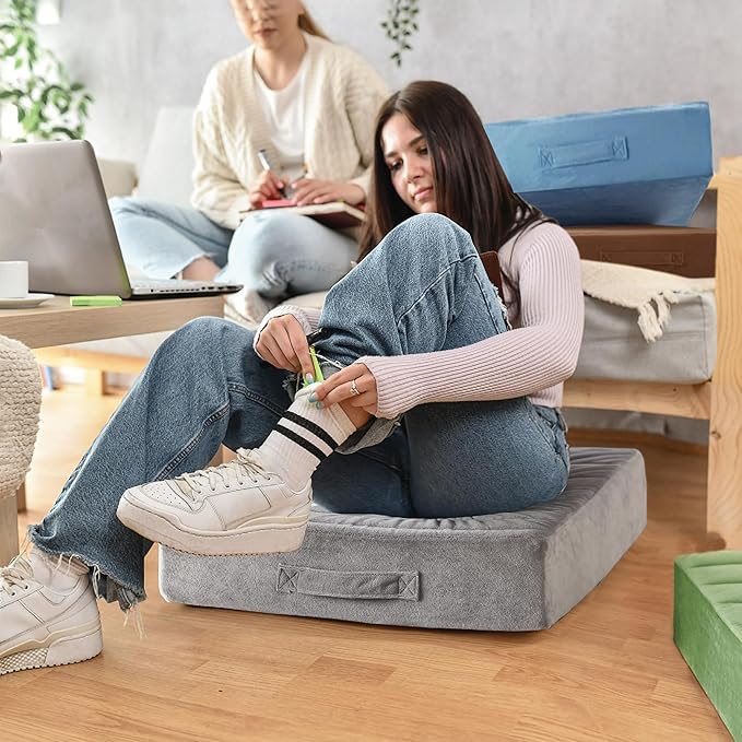 Codi High Density Foam Floor Pillow 2 Sets, Large Meditation Cushions Seating for Adults and Yoga Sitting, 5" Thick Washable Couch Cushion with Soft Tufted Covers - 22 Inch Grey