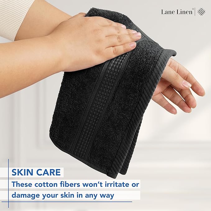 LANE LINEN 100% Cotton Washcloths 24 Pack - Spa & Salon Quality Face Towels - Ring Spun, Soft & Absorbent Wash Cloths for Body, Beauty, Home, Gym - Fingertip Towels Set- 13"x13", Black Washcloths