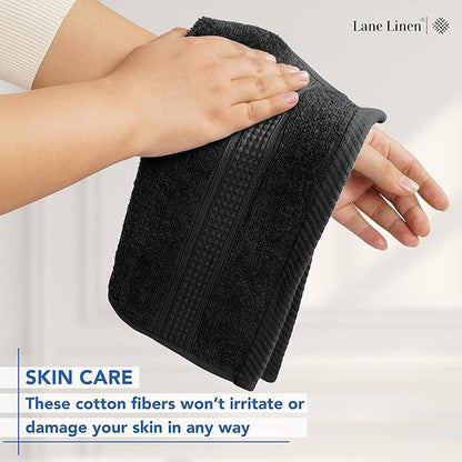 LANE LINEN 100% Cotton Washcloths 24 Pack - Spa & Salon Quality Face Towels - Ring Spun, Soft & Absorbent Wash Cloths for Body, Beauty, Home, Gym - Fingertip Towels Set- 13"x13", Black Washcloths