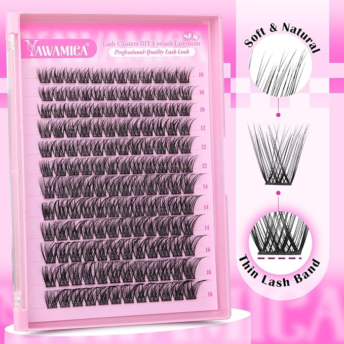 Yawamica Wispy Lash Clusters C Curly Individual Lashes DIY Cluster Eyelash Extensions 10-16mm Natural Eyelash Clusters 144 pcs Soft Lashes Clusters with Thin Lash Band DIY Lash for Self Application