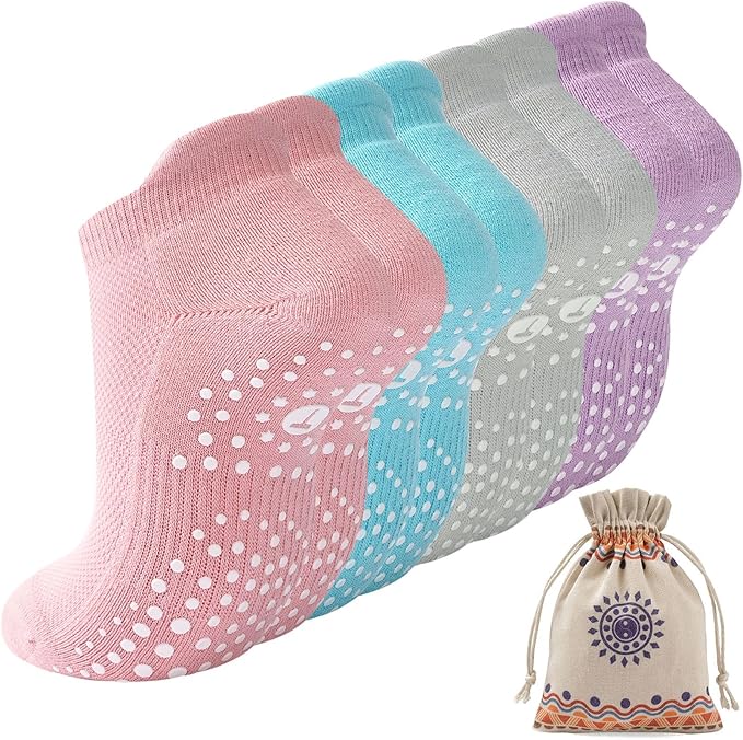 Pilates Socks for Women, Cushioned Ankle Grippy Non Slip Socks for Yoga, Hospital, Barre, Sports Home Slipper 2/4 Pairs