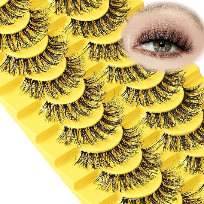 Mink Lashes Clear Band Natural Eyelashes 10 Pairs Reusable Fake Lash 6D Curl Short False Eyelash Small Volume Cluster Strip Lashes Wispy Eyelash Packs