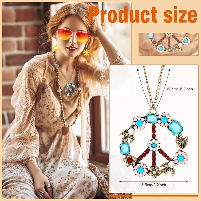 4 Pcs Hippie Costume Accessories Set 70s Peace Sign 60s Outfits for Women Necklace Daisy Earrings Flower Headband Sunglasses